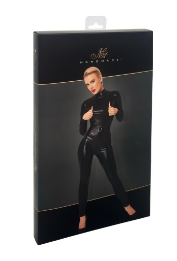 F319 Caged wetlook catsuit with zippers and ring - S