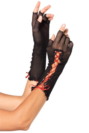 Lace Up Fishnet Elbow Length Fingerless Gloves by Leg Avenue