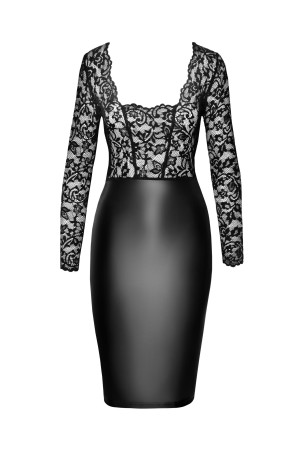 F295 halblanges Wetlook Kleid mit Spitze - S