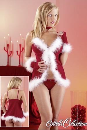 Babydoll, Weihnachtskostüm, rot/weiß, mit Halsband und Fingerstulpen, Gr.L