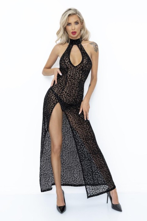 F288 Langes Flockkleid im Leoparden-Look mit Schlitz - S