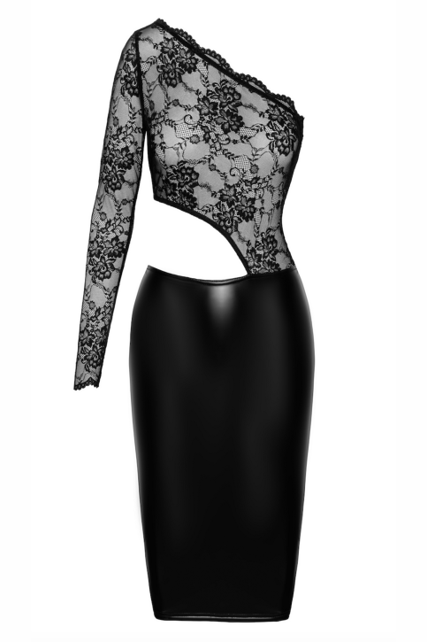 F339 halblanges Wetlook Kleid mit Spitze - L